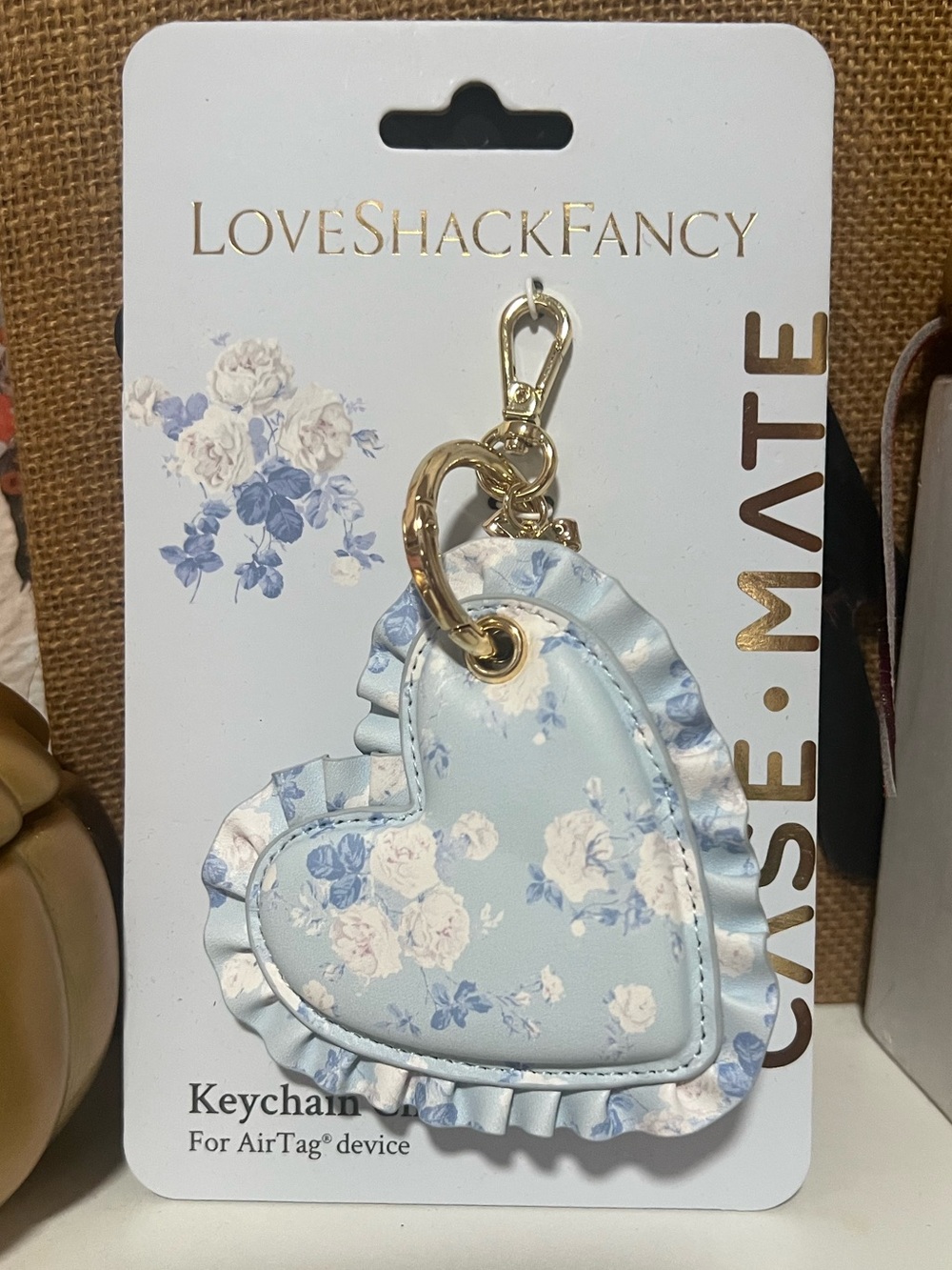 LoveShackFancy Pastel Blue Floral Heart Keyring with Gold Hardware